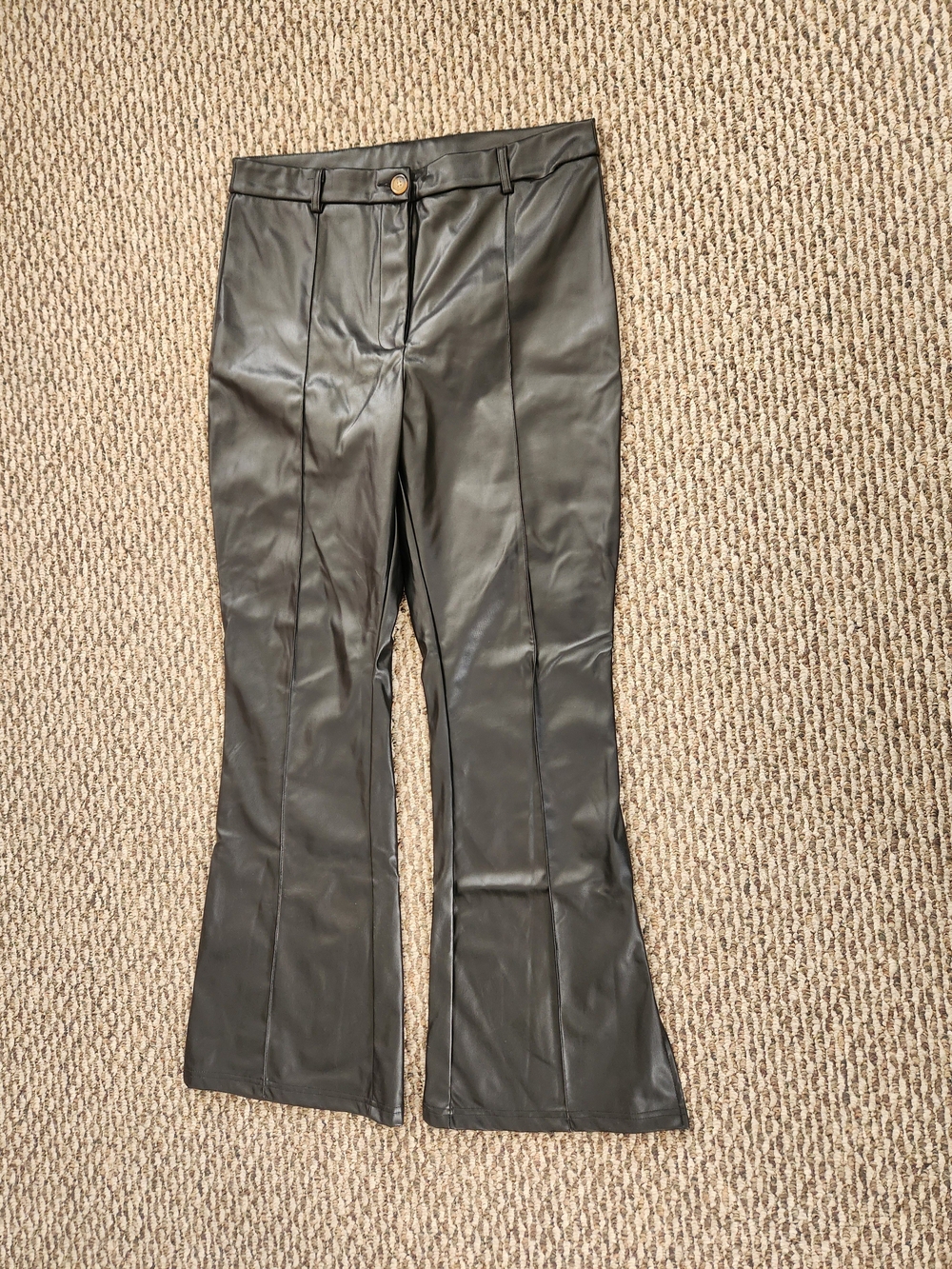 Black Faux Leather Boot Cut Pants With Side Slit Size XL Y2k 90s Minimalist